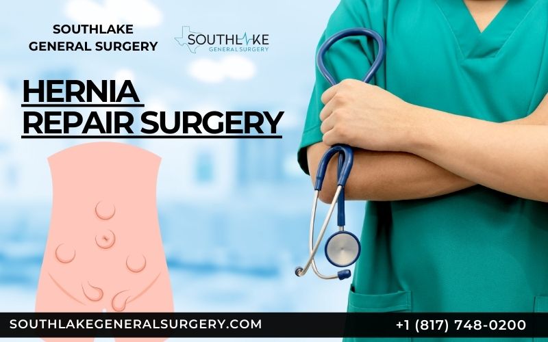 Hernia Repair Surgery with a image of various types of hernias in the body.