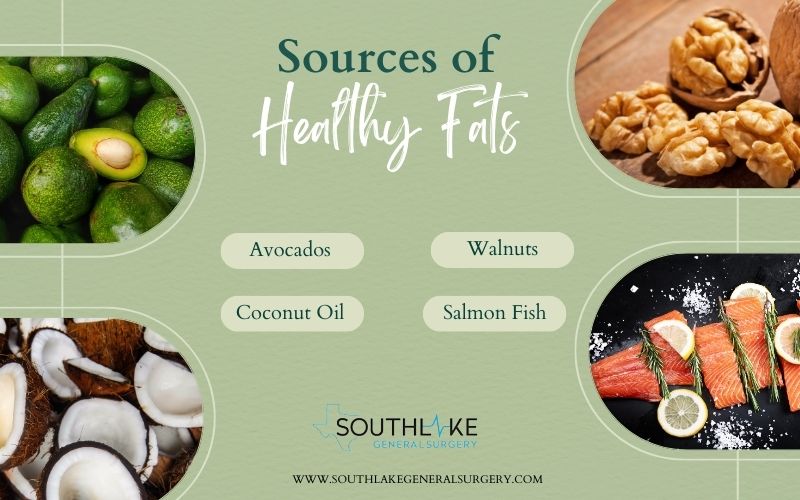 Various healthy fat sources: salmon, avocados, walnuts.