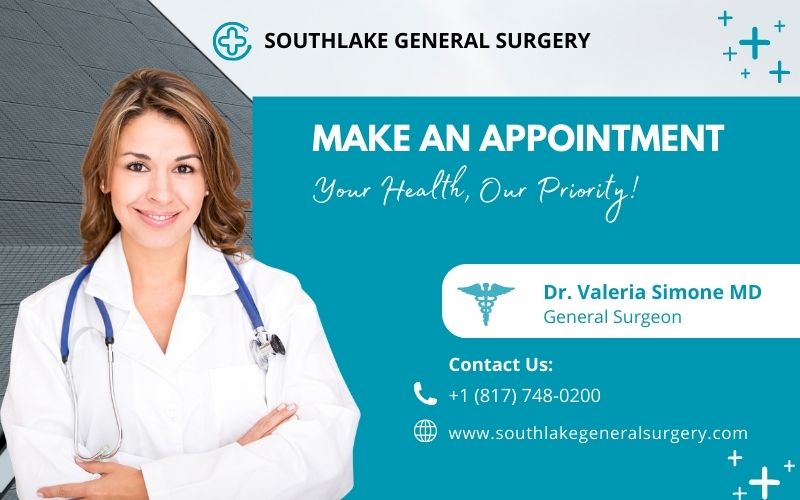 Image showcasing the details of Appointment with Dr. Valeria Simone at Southlake General Surgery, Texas, USA.