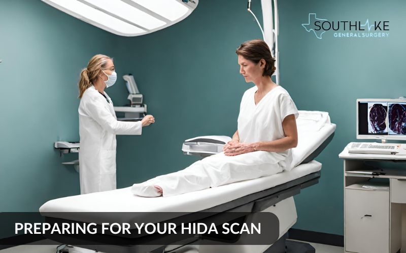 Image of a patient preparing for a HIDA scan by removing jewelry and accessories before lying on the scanning table.