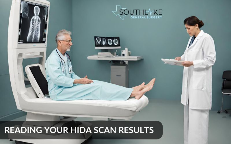 Diagram demonstrating a radiologist analyzing HIDA scan images on a computer screen, discussing findings with a patient.