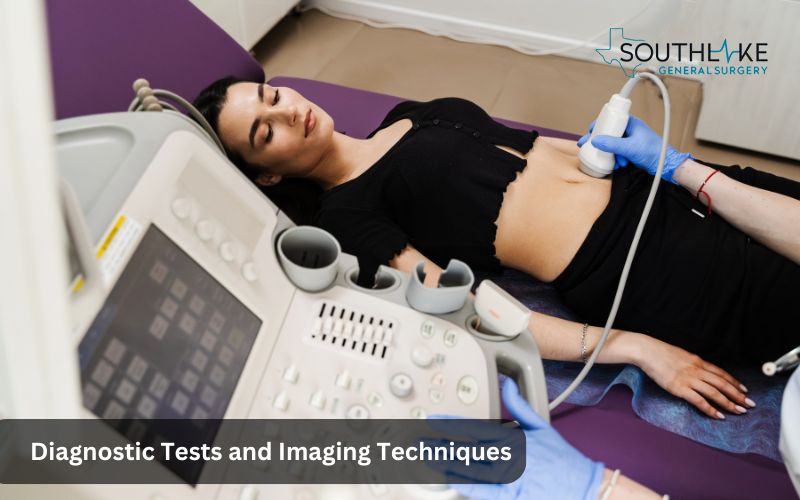 Healthcare providers performing an ultrasound scan on a patient's abdomen for diagnostic purposes.