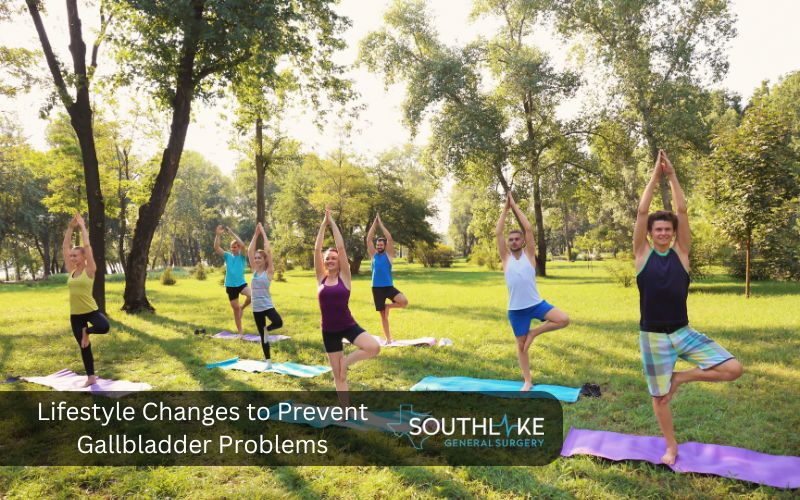Group participating in outdoor fitness activities like jogging and yoga as part of preventative measures for gallbladder health.
