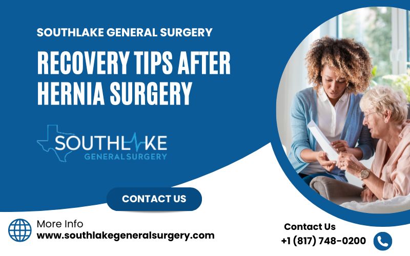 Illustration depicting tips for a smooth recovery after ventral hernia repair surgery.