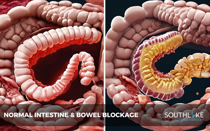 Comparison of normal intestine and one with a bowel blockage.