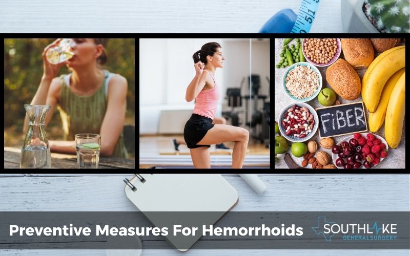 Collage depicting fiber-rich foods, water, and exercise - Preventive measures for hemorrhoids