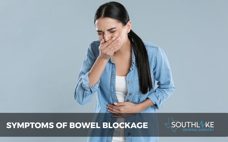 Illustration of symptoms of bowel blockage: pain, bloating, vomiting.