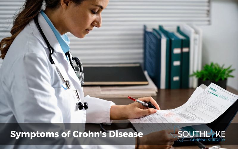 Doctor reviewing a patient's medical history and diagnostic test results for Crohn's disease.