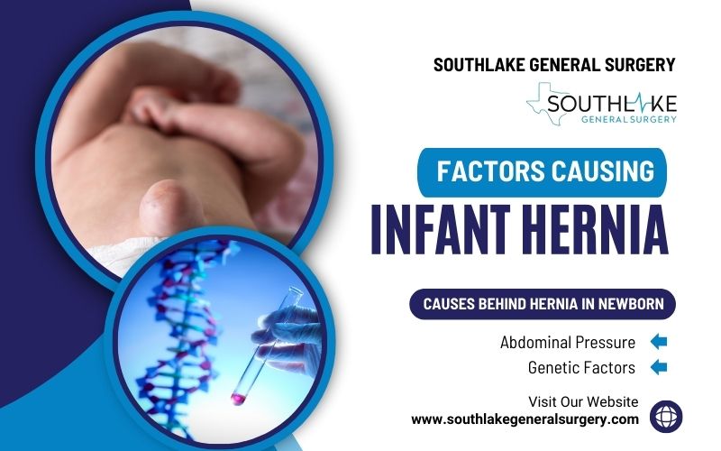 Illustration of factors causing hernias in newborns, like abdominal pressure and genetics.