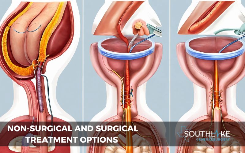 Images showing non-surgical and surgical treatment options for a bowel blockage.