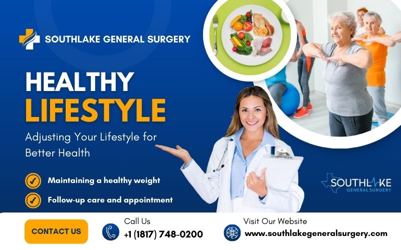 Illustration promoting a healthy lifestyle with exercise and balanced diet to prevent hernia recurrence.