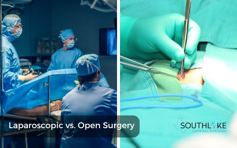 Side-by-side comparison of laparoscopic and open surgery techniques for inguinal hernia repair, showing surgical instruments and incision sizes.