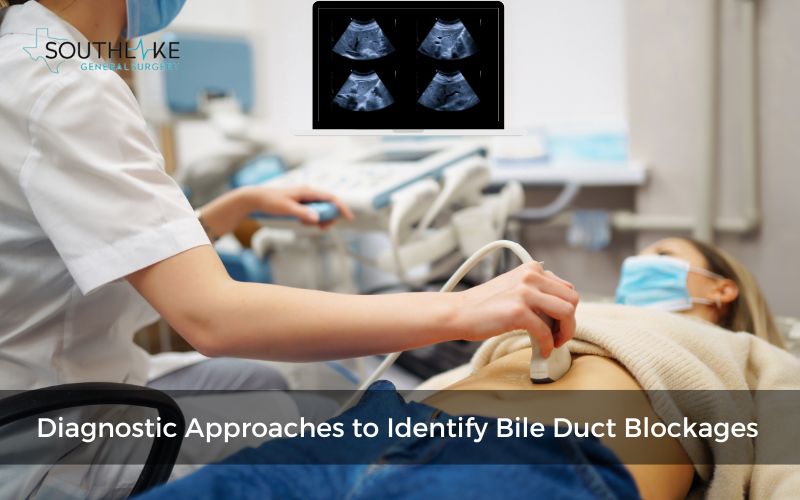 Healthcare professional performing ultrasound for bile duct diagnosis.