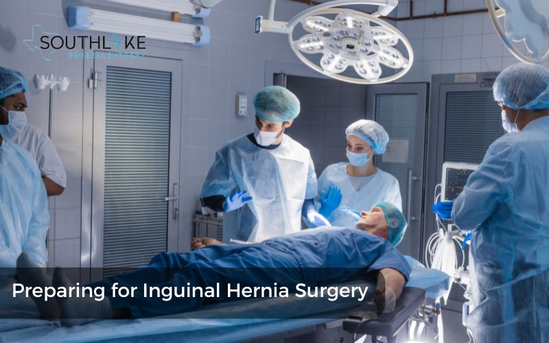 Patient in hospital gown preparing for inguinal hernia surgery.