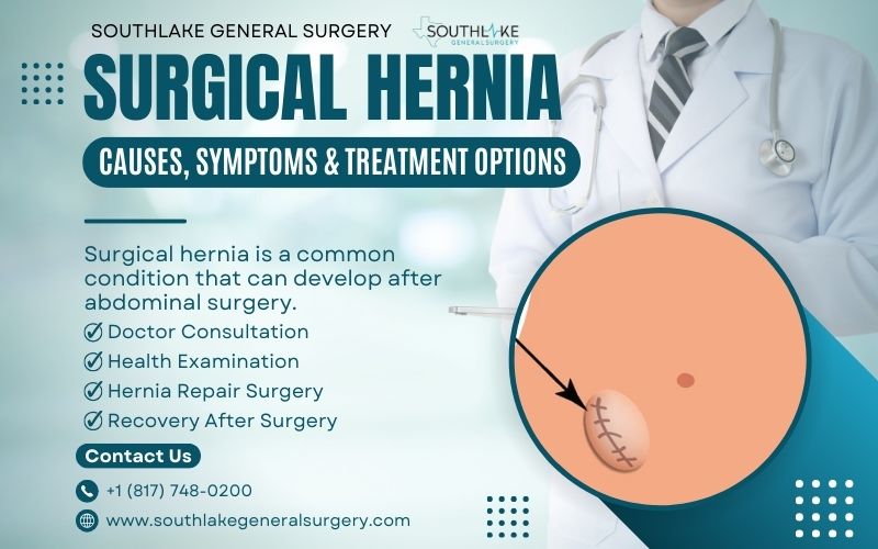 Illustration of a surgical hernia showing a protrusion near an abdominal surgical incision