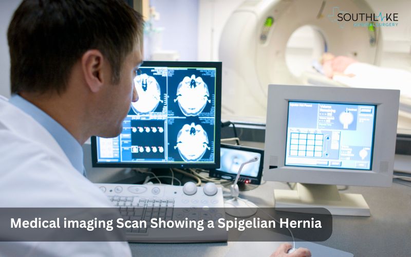 CT scan image revealing the presence of a Spigelian hernia in the abdominal wall.