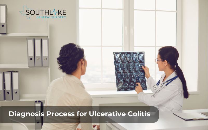 Doctor explaining test results to a patient during a consultation for diagnosing Ulcerative Colitis.