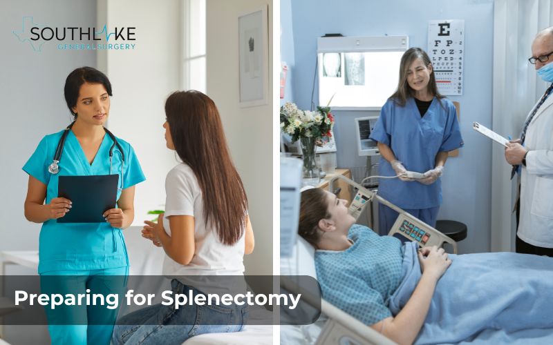 Visual guide outlining pre-surgery consultations, health evaluations, and patient preparation steps for splenectomy.