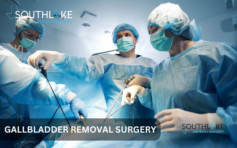 Illustration of laparoscopic gallbladder removal surgery, showing the surgical process and tools used.