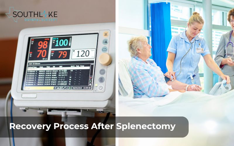 Post-operative care checklist for splenectomy patients, emphasizing monitoring vital signs and preventing infections.