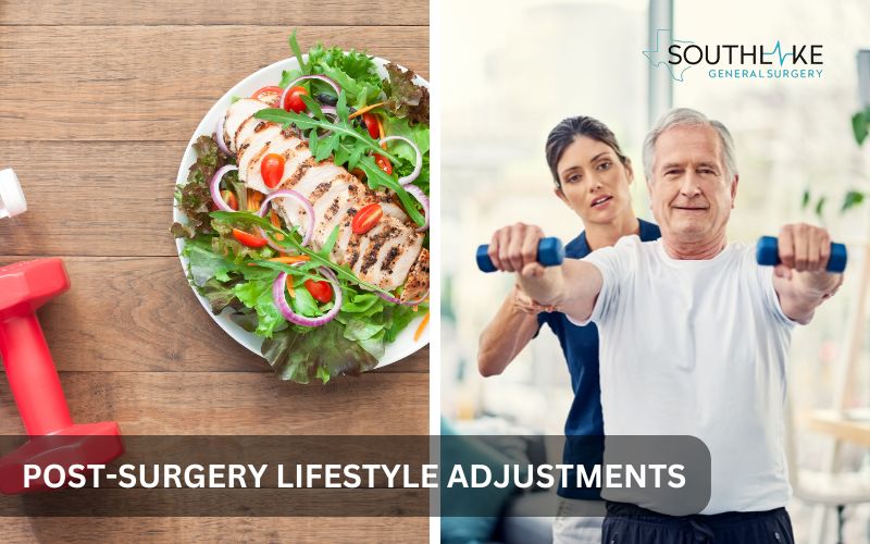 Graphic showing dietary and lifestyle adjustments after gallbladder surgery, including healthy eating and regular exercise tips.