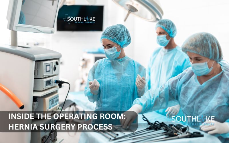 Illustration of a patient in the operation room preparing for hernia surgery, with surgical staff and equipment.