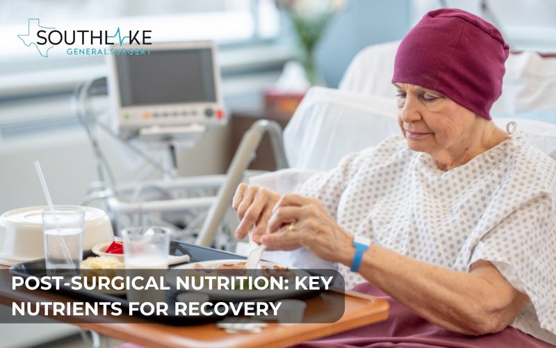 Post-surgical patient consuming a healthy meal with protein and vitamins, emphasizing nutrition's role in recovery and wound healing.