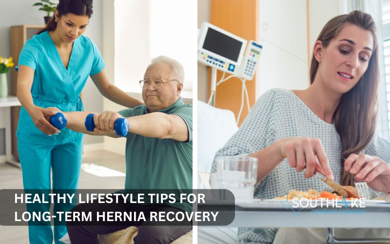 Illustration showing a patient engaging in light exercise and healthy eating to aid recovery after hernia surgery.