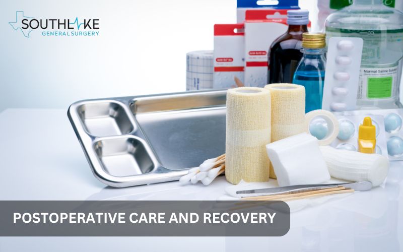 Postoperative care setup including pain management tools and wound care supplies.