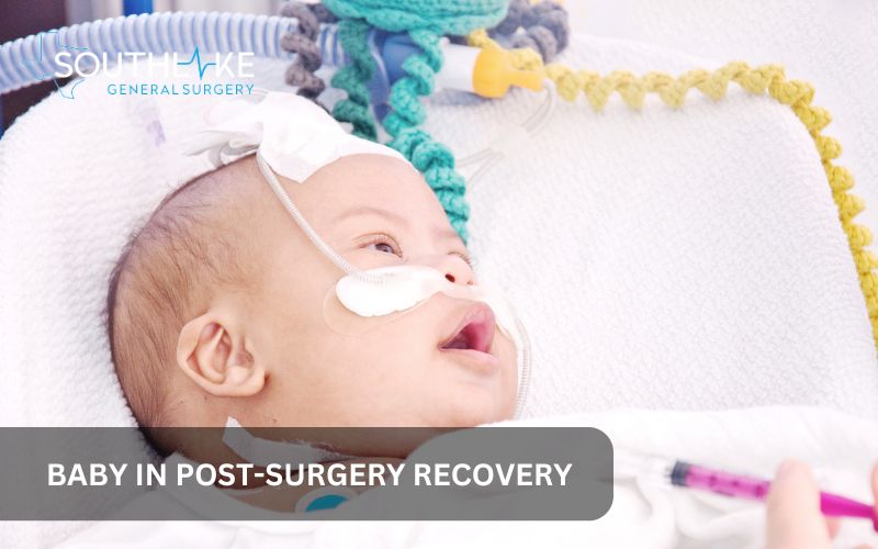 Infant in hospital post-surgery for diaphragmatic hernia, highlighting the importance of close monitoring and follow-up care during recovery.