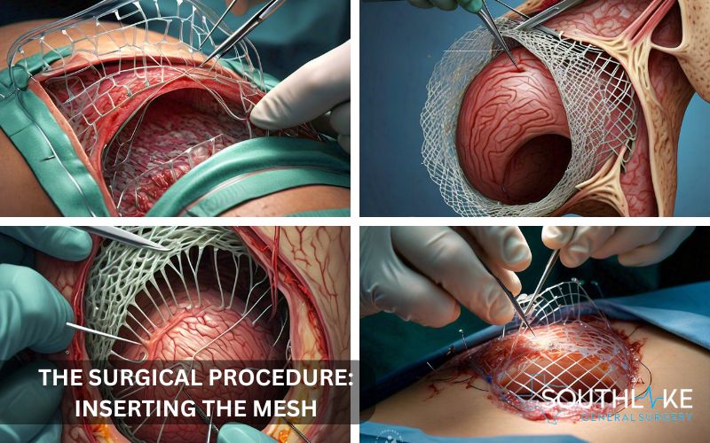 Step-by-step process of hernia mesh surgery, illustrating the placement of mesh over weakened abdominal tissue.