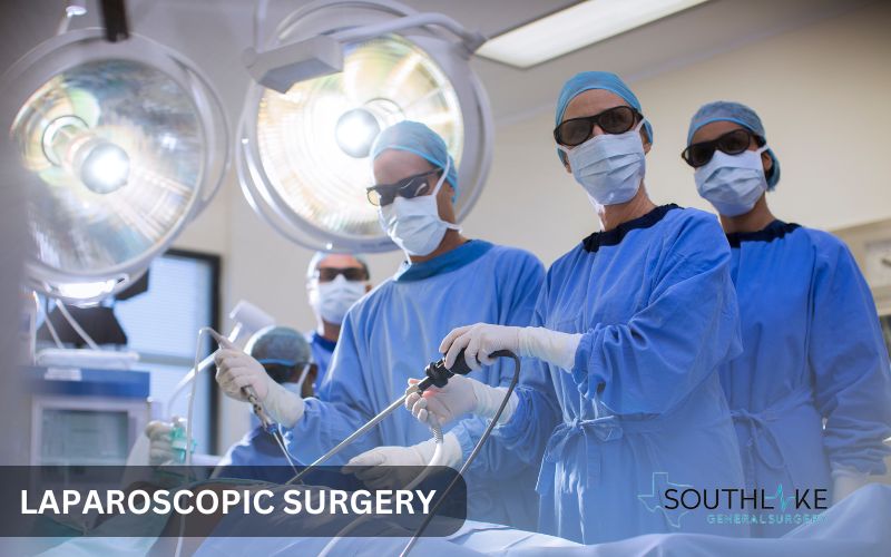 A surgeon is performing laparoscopic hernia repair surgery. 