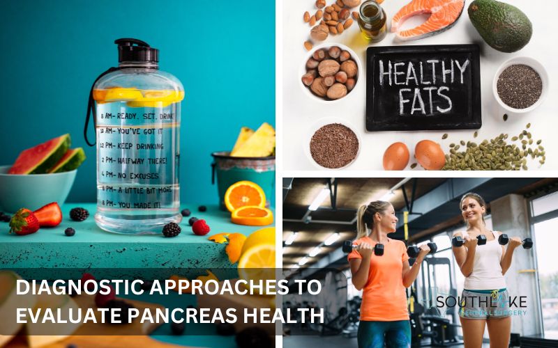 Healthy foods and lifestyle choices that support pancreas health, like hydration, low-fat foods, and exercise.