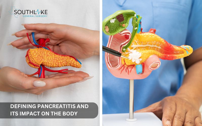 Side-by-side comparison of a healthy pancreas and an inflamed pancreas due to pancreatitis, showing how the condition affects digestion and blood sugar control.