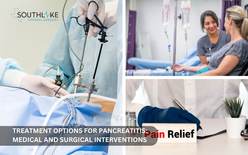 Illustration showing pancreatitis treatments, including IV hydration, pain relief, and surgical options like gallstone removal.