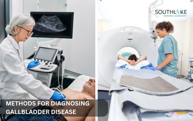 Medical imaging techniques for gallbladder diagnosis, including ultrasound and CT scan.