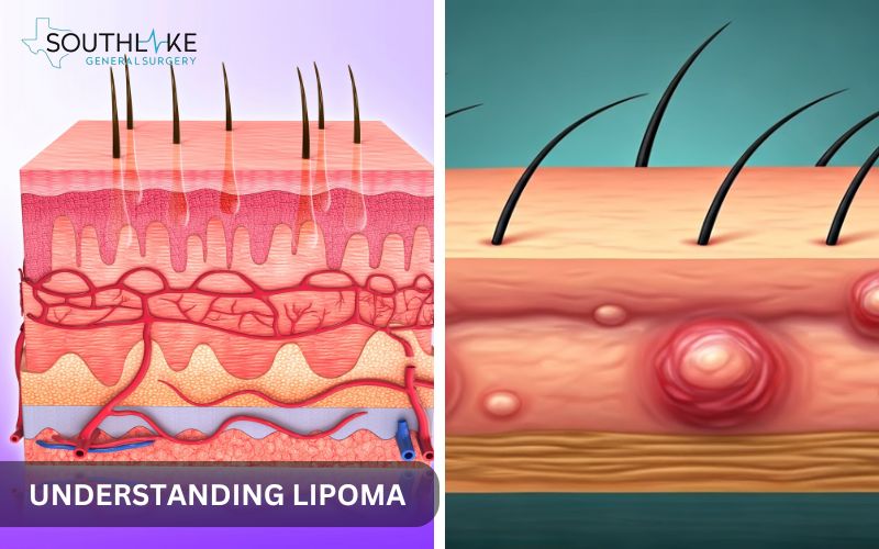 Illustration showing the difference between a normal fat layer and a lipoma beneath the skin.