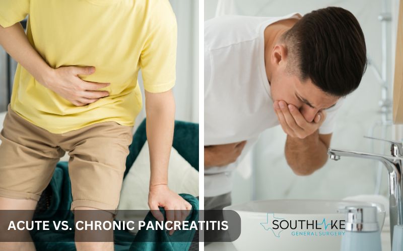 Comparison images of acute vs. chronic pancreatitis symptoms, causes, and treatments.