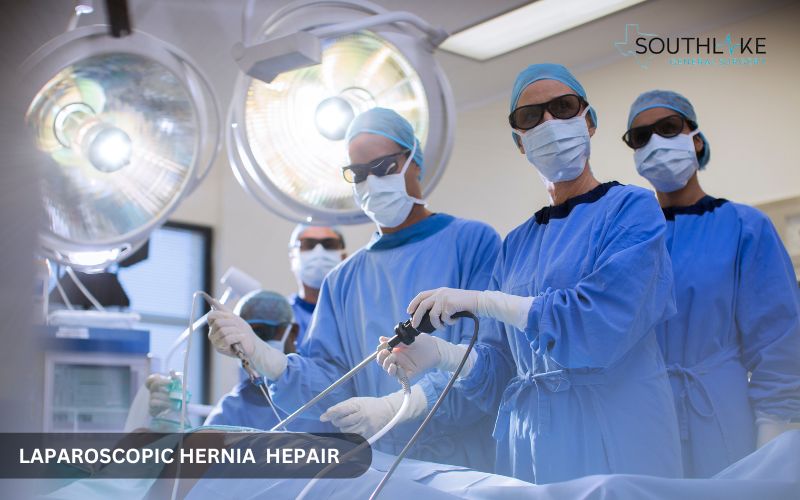 Step-by-step process of laparoscopic hernia repair surgery with small incisions and mesh placement.