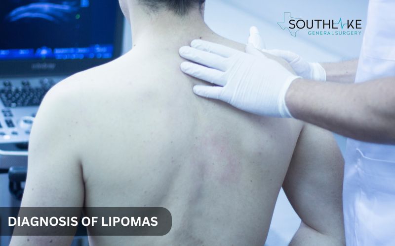 Doctor performing a physical examination on a patient’s back to check for lipoma, with an inset showing an ultrasound scan.