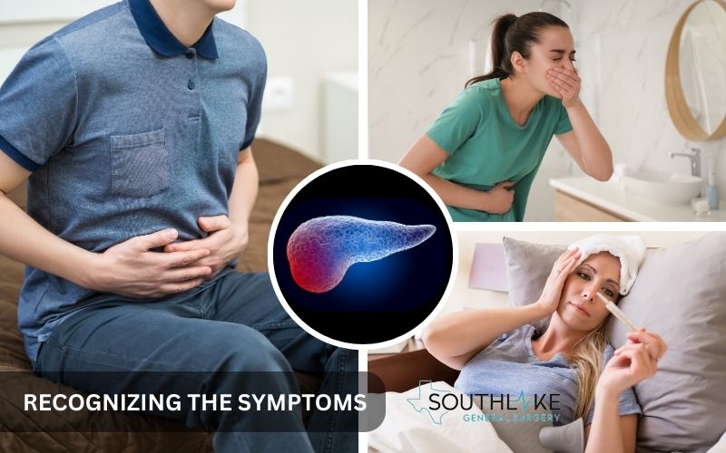 Images highlighting common symptoms of pancreatitis, including abdominal pain, nausea, and fever.