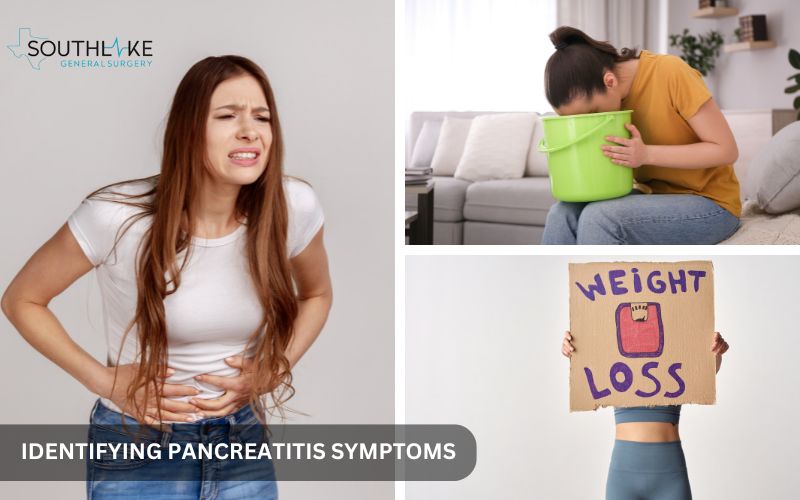 Comparison of acute and chronic pancreatitis symptoms, highlighting abdominal pain, nausea, vomiting, and weight loss.