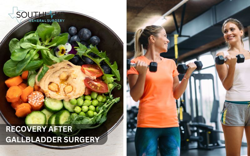 An illustration showing post-gallbladder surgery recovery tips, including diet recommendations and activity guidelines.